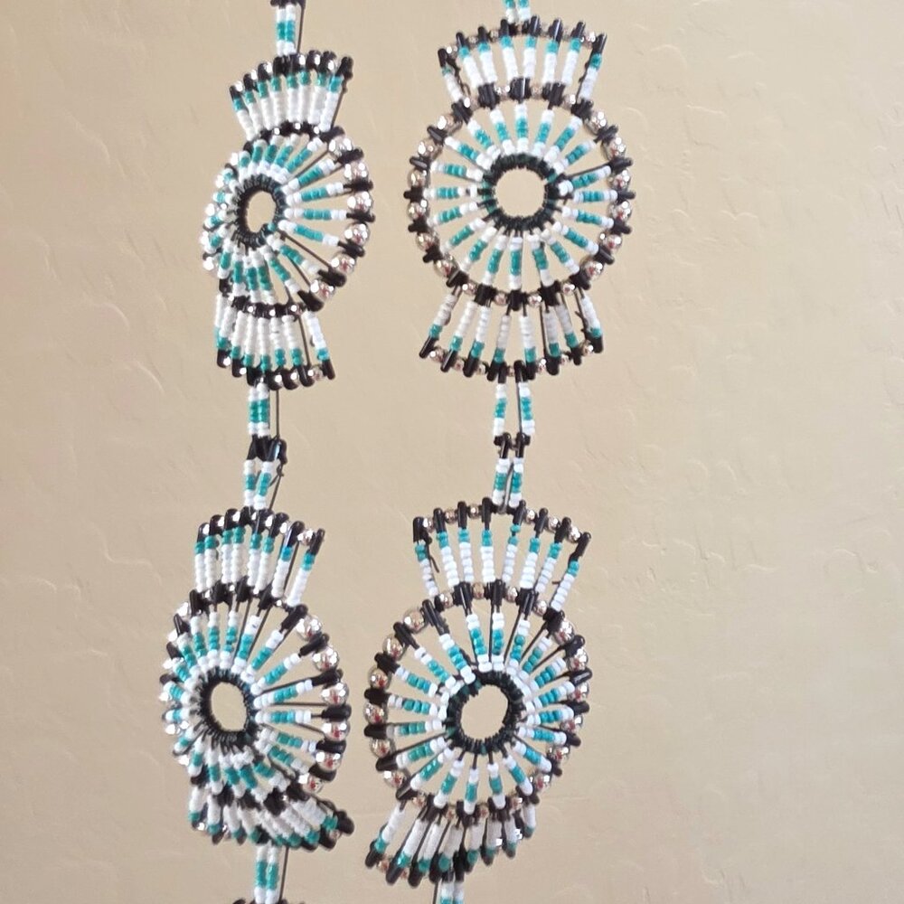 Vintage Squash Blossom Turquoise White Black Handmade Beaded Safety Pin Necklace - Picture 11 of 14